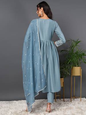 blue color embroidered silk blend styles kurta trouser with dupatta 3