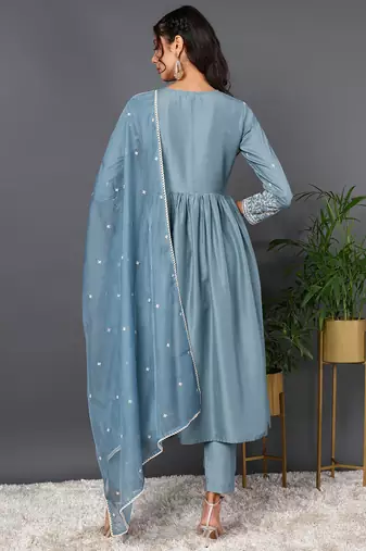 blue color embroidered silk blend styles kurta trouser with dupatta