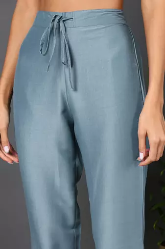 blue color embroidered silk blend styles kurta trouser with dupatta