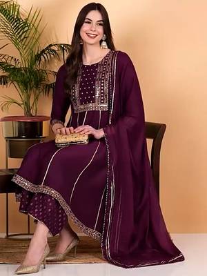 purple color embroidered silk blend styles kurta palazzo with dupatta 1