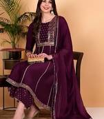purple color embroidered silk blend styles kurta palazzo with dupatta