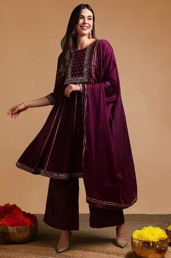 purple color embroidered silk blend styles kurta palazzo with dupatta
