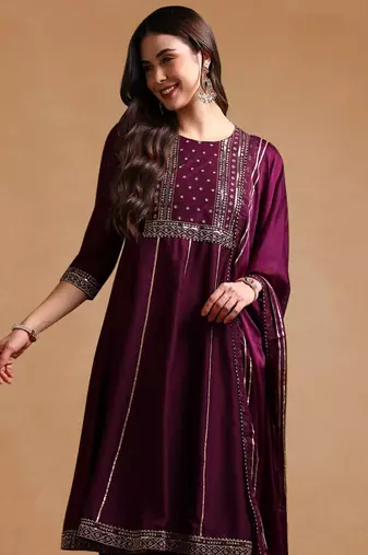 purple color embroidered silk blend styles kurta palazzo with dupatta