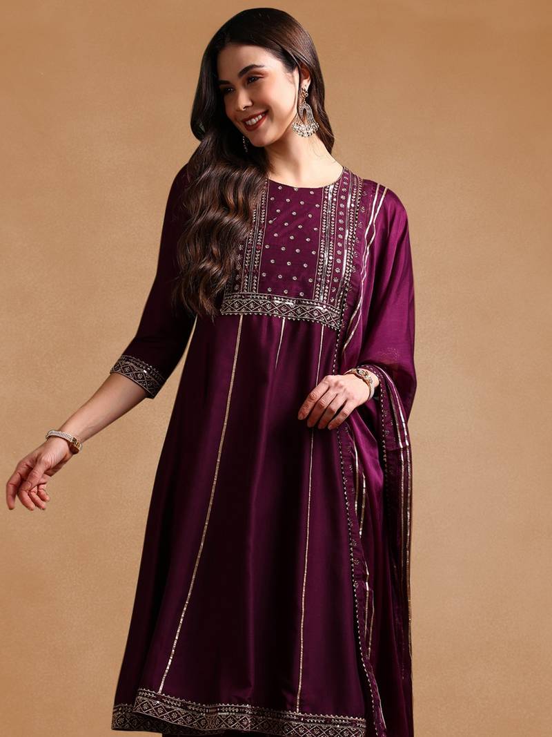 purple color embroidered silk blend styles kurta palazzo with dupatta