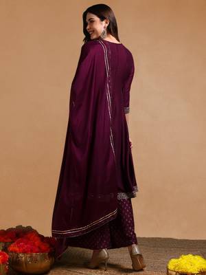 purple color embroidered silk blend styles kurta palazzo with dupatta 5