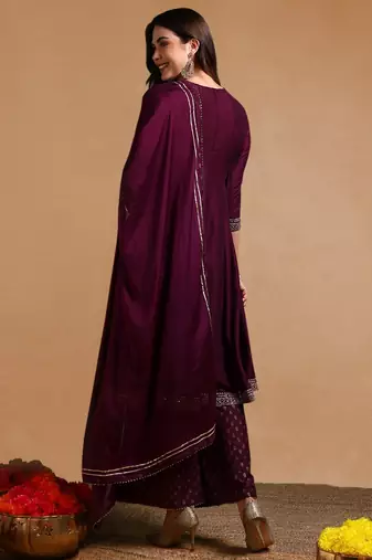 purple color embroidered silk blend styles kurta palazzo with dupatta