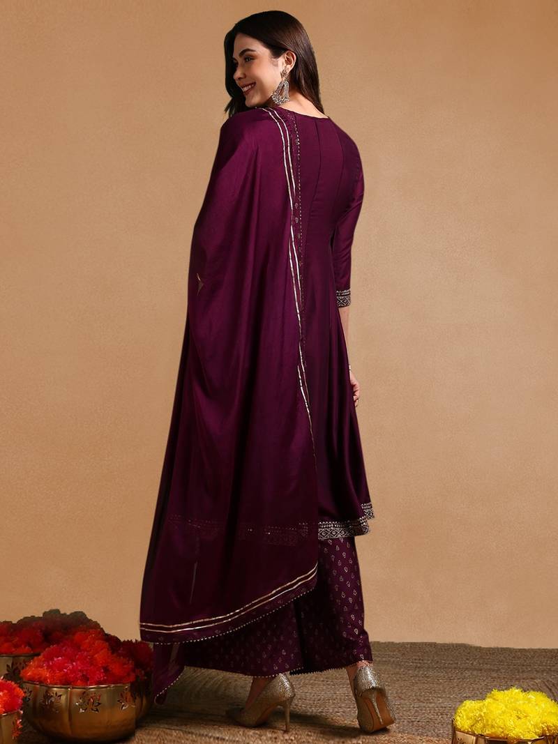 purple color embroidered silk blend styles kurta palazzo with dupatta