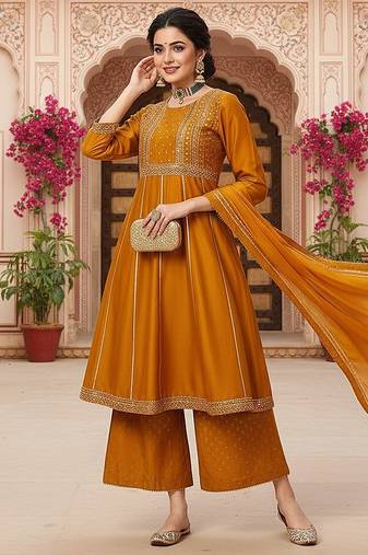 Dark Mustard Rayon Zari Work Palazzo Suit 