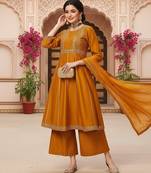Dark Mustard Rayon Zari Work Palazzo Suit 