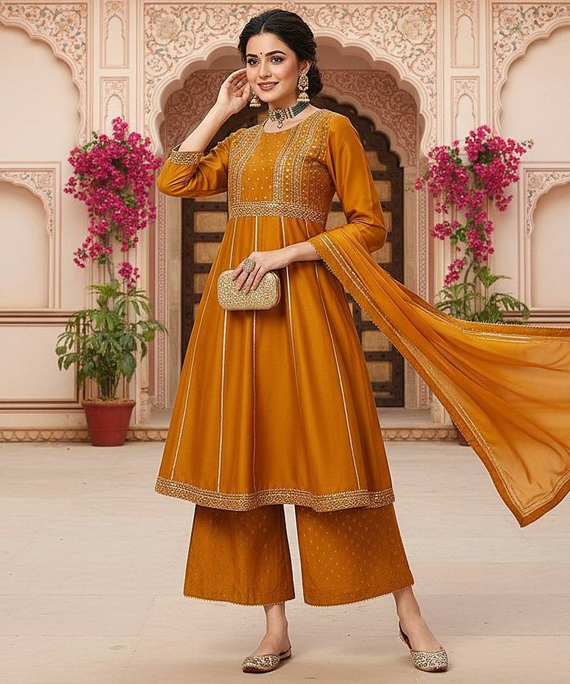 Dark Mustard Rayon Zari Work Palazzo Suit 