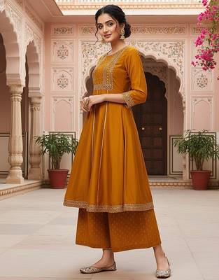 Dark Mustard Rayon Zari Work Palazzo Suit  3