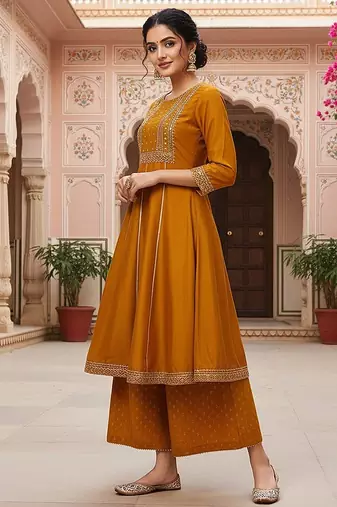 Dark Mustard Rayon Zari Work Palazzo Suit 
