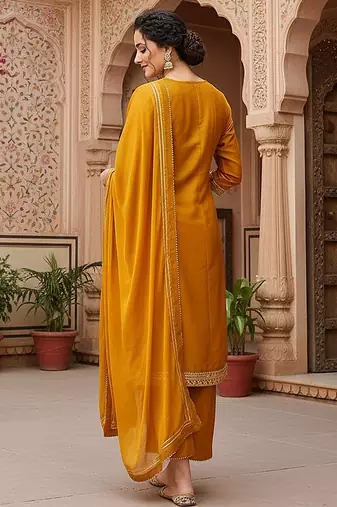 Dark Mustard Rayon Zari Work Palazzo Suit 