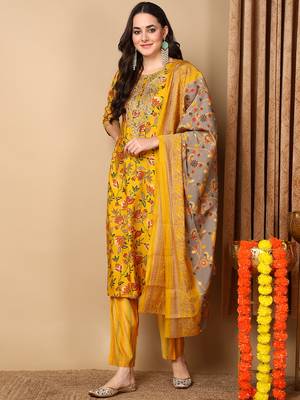 yellow color printed silk blend styles kurta trouser with dupatta 1