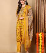 yellow color printed silk blend styles kurta trouser with dupatta