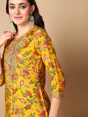 yellow color printed silk blend styles kurta trouser with dupatta 2