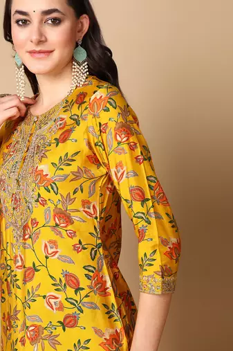 yellow color printed silk blend styles kurta trouser with dupatta