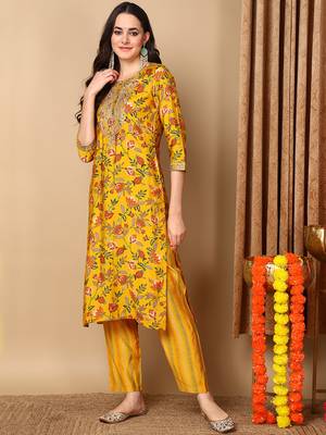 yellow color printed silk blend styles kurta trouser with dupatta 3