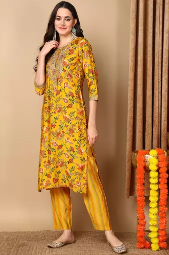yellow color printed silk blend styles kurta trouser with dupatta