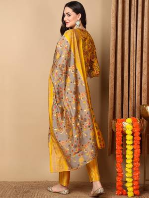 yellow color printed silk blend styles kurta trouser with dupatta 4