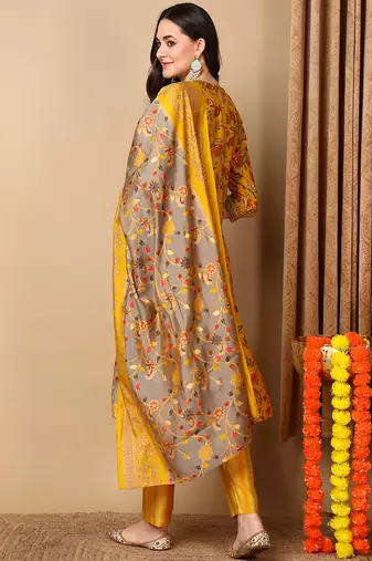 yellow color printed silk blend styles kurta trouser with dupatta