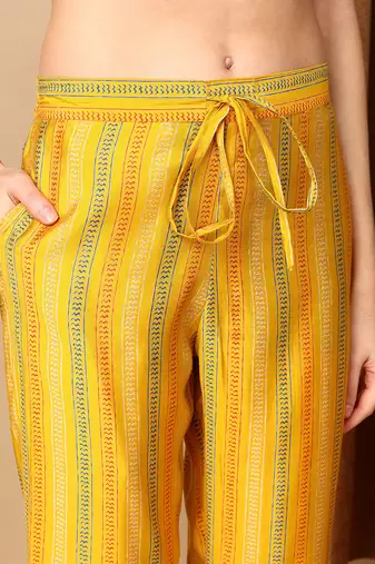 yellow color printed silk blend styles kurta trouser with dupatta