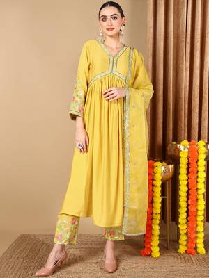 yellow color embroidered silk blend styles kurta trouser with dupatta 1