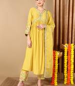 yellow color embroidered silk blend styles kurta trouser with dupatta