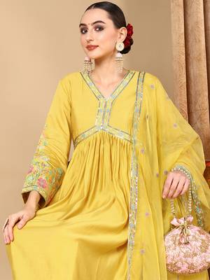 yellow color embroidered silk blend styles kurta trouser with dupatta 2