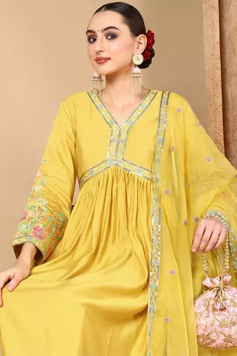 yellow color embroidered silk blend styles kurta trouser with dupatta