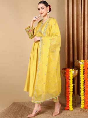 yellow color embroidered silk blend styles kurta trouser with dupatta 3