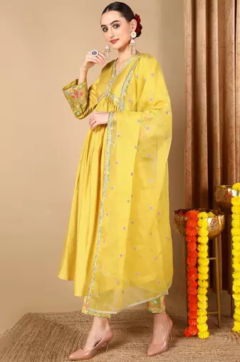 yellow color embroidered silk blend styles kurta trouser with dupatta