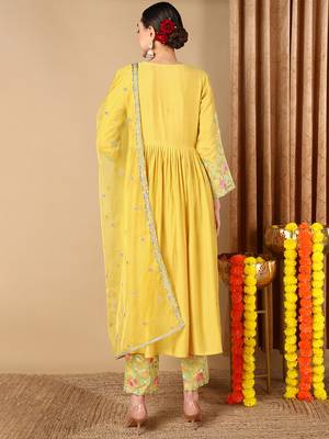 yellow color embroidered silk blend styles kurta trouser with dupatta 4
