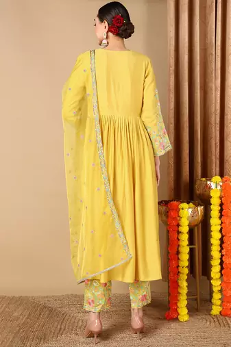 yellow color embroidered silk blend styles kurta trouser with dupatta