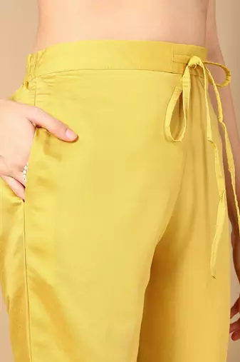yellow color embroidered silk blend styles kurta trouser with dupatta