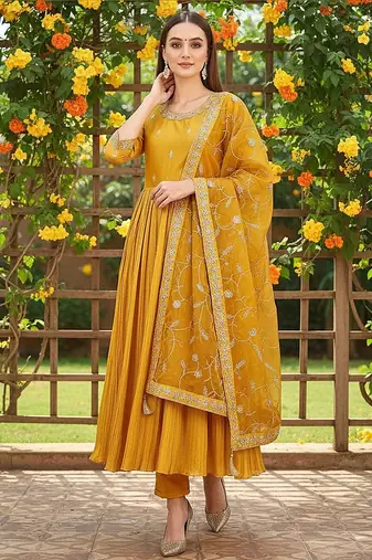 Yellow Silk Blend Zari Embroidered Kurta set
