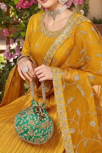 Yellow Silk Blend Zari Embroidered Kurta set