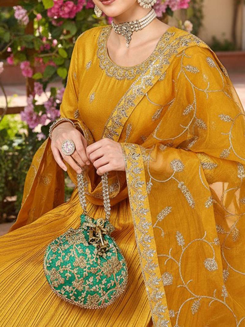 Yellow Silk Blend Zari Embroidered Kurta set