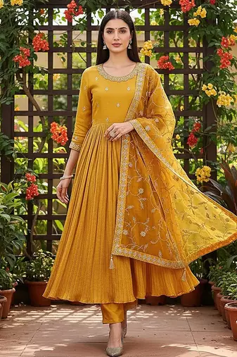 Yellow Silk Blend Zari Embroidered Kurta set