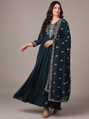 teal color embroidered silk blend styles kurta trouser with dupatta 1
