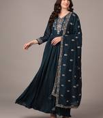 teal color embroidered silk blend styles kurta trouser with dupatta
