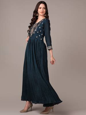 teal color embroidered silk blend styles kurta trouser with dupatta 2