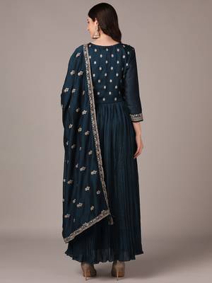 teal color embroidered silk blend styles kurta trouser with dupatta 3