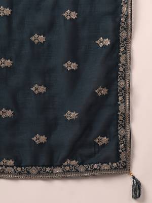 teal color embroidered silk blend styles kurta trouser with dupatta 5