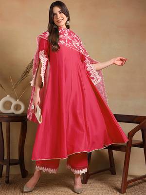 pink color embroidered silk blend styles kurta trouser with dupatta 1