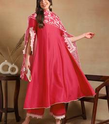 pink color embroidered silk blend styles kurta trouser with dupatta