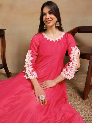 pink color embroidered silk blend styles kurta trouser with dupatta 2