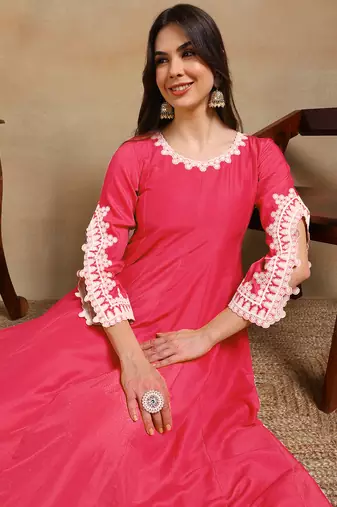 pink color embroidered silk blend styles kurta trouser with dupatta