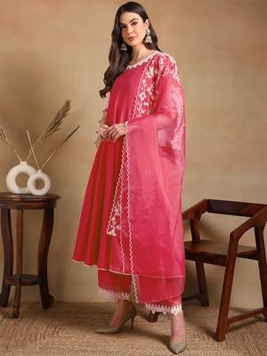 pink color embroidered silk blend styles kurta trouser with dupatta 3