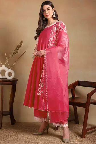 pink color embroidered silk blend styles kurta trouser with dupatta